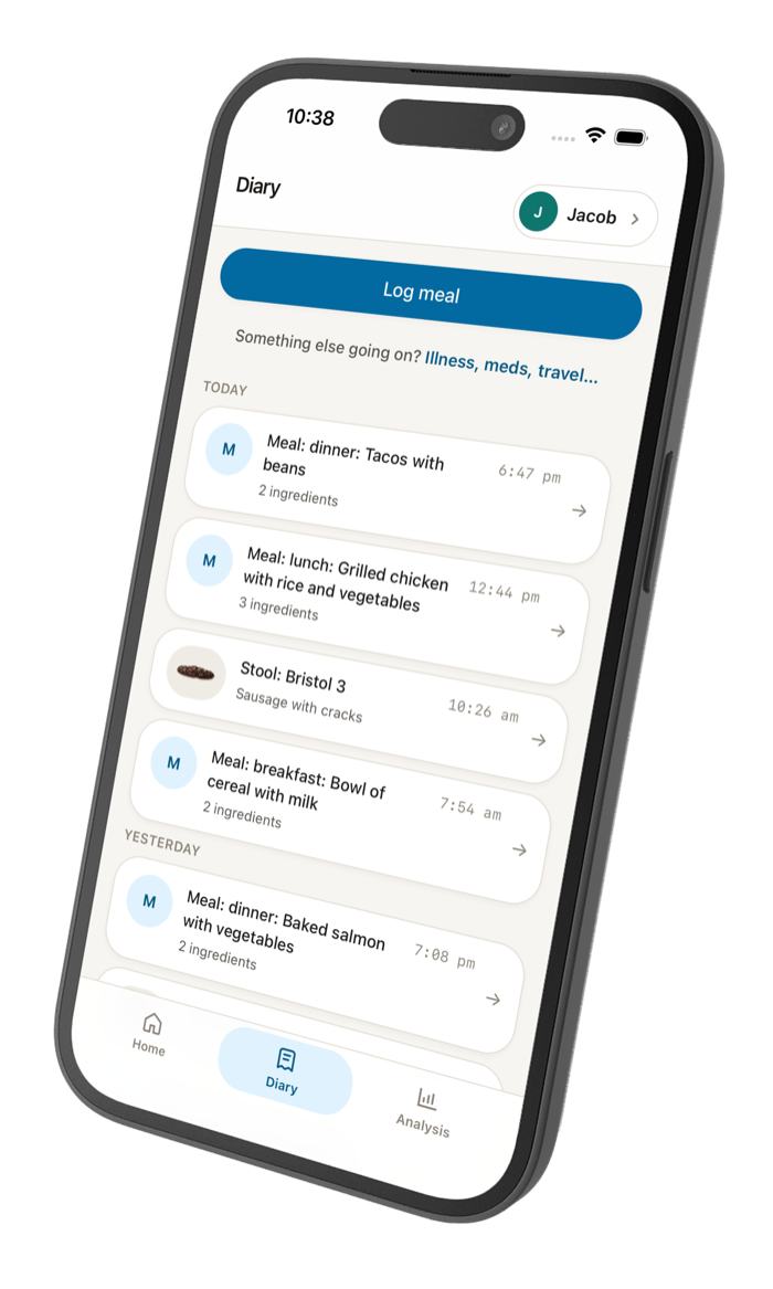 BellyMystery diary screen listing chronological meal and stool entries with times and ingredient counts