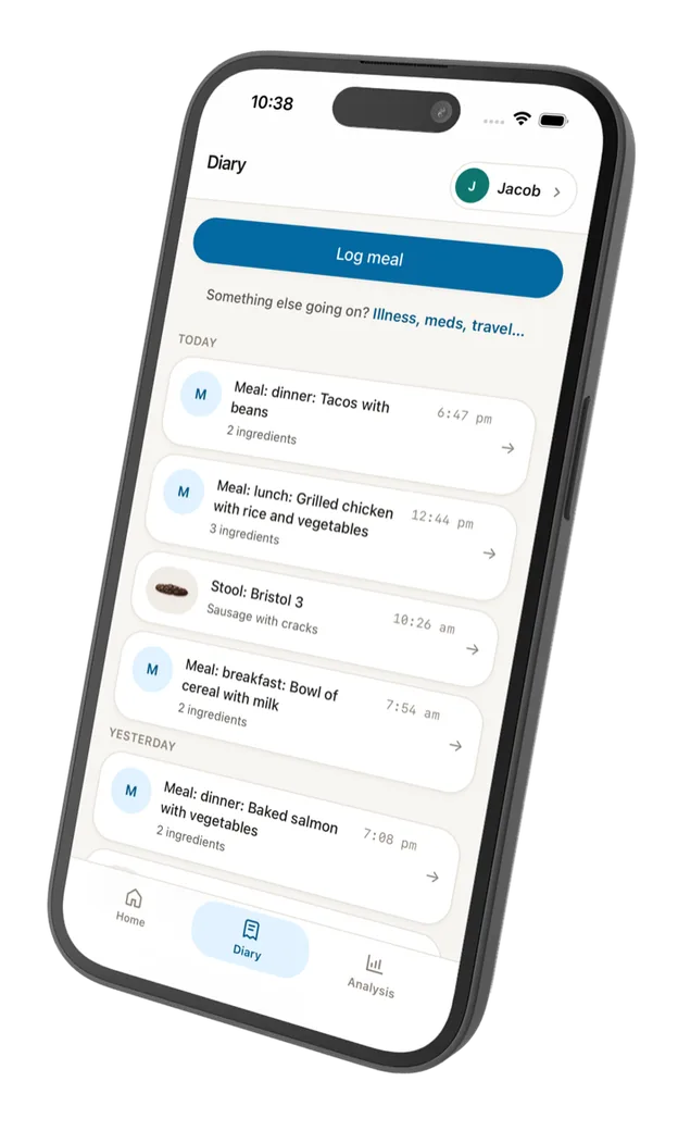 BellyMystery diary screen listing chronological meal and stool entries with times and ingredient counts
