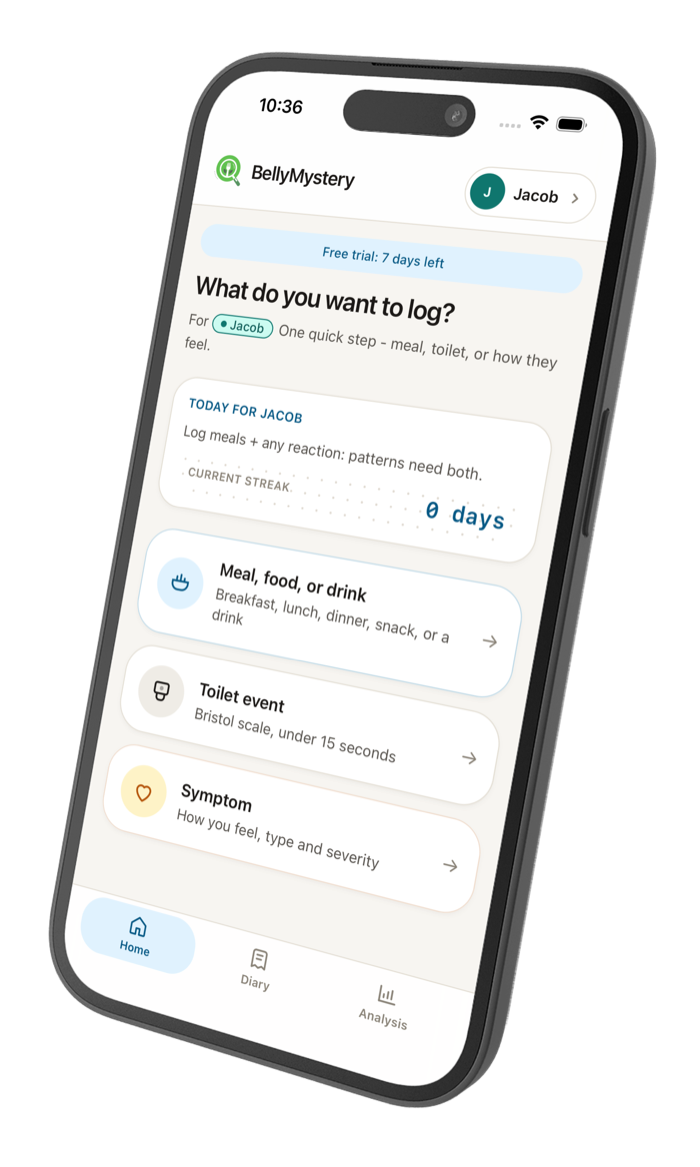 BellyMystery home screen showing three logging options: meal, toilet event, and symptom
