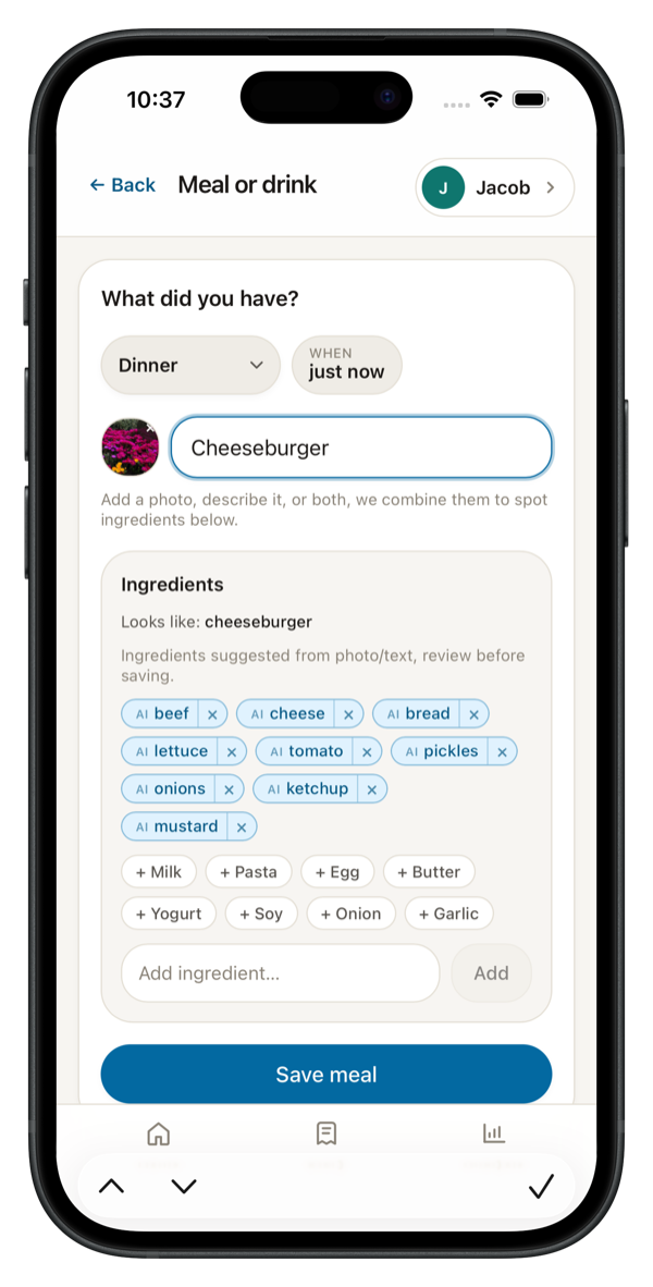 Meal logging screen: typing 'Cheeseburger' with AI-suggested ingredients like beef, cheese, and bread shown as removable tags