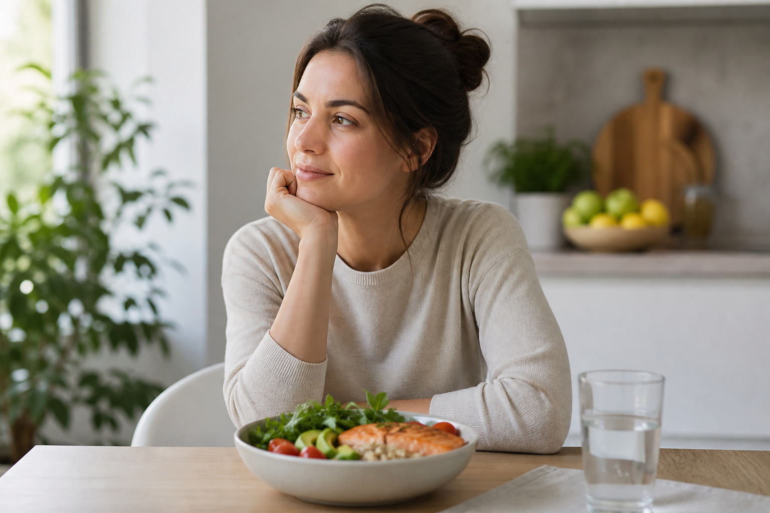 A woman resting her chin on her hand, looking thoughtfully out a window with a bowl of salmon and greens in front of her