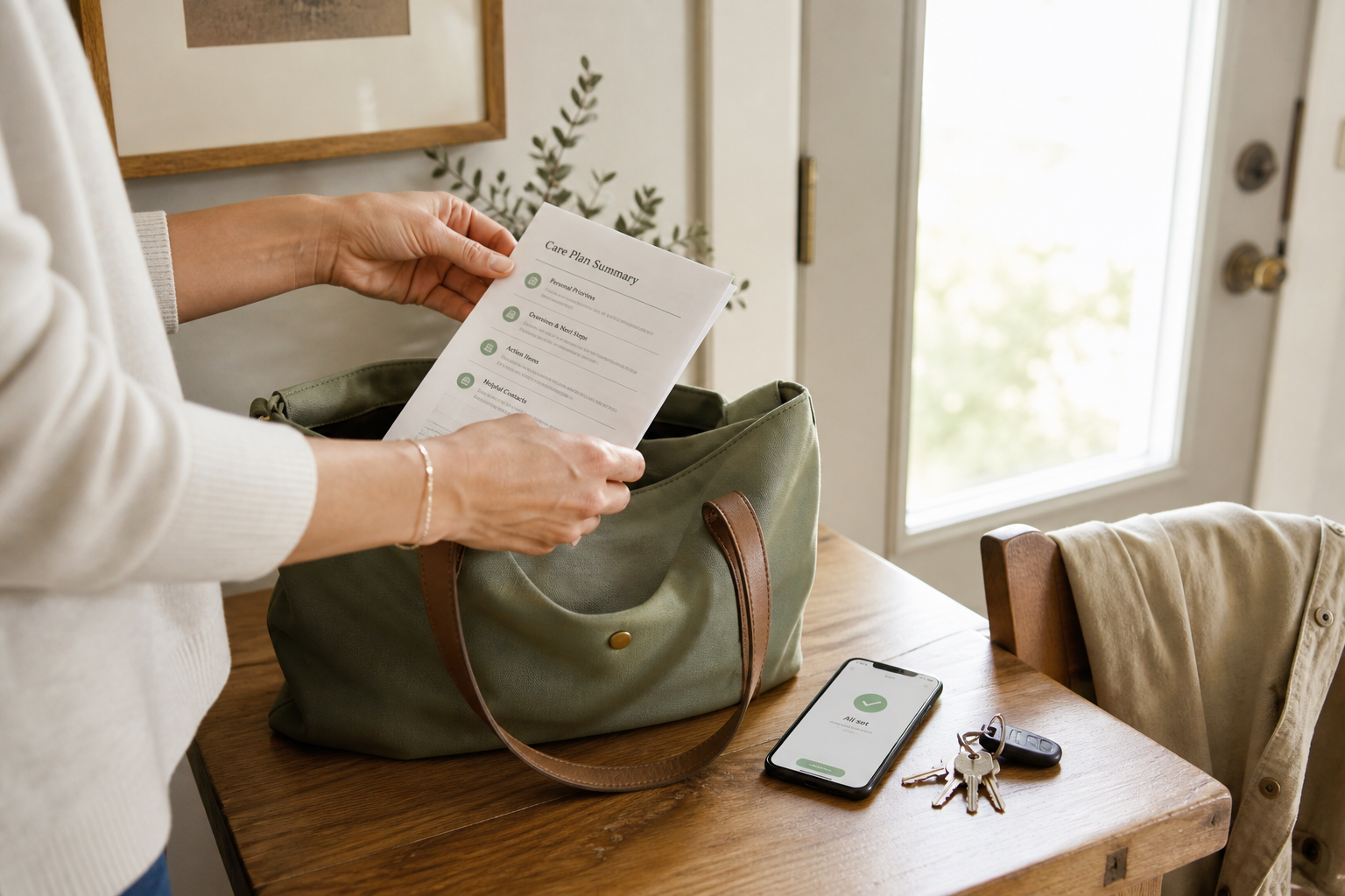 A woman's hands sliding a printed care plan summary into a bag by the front door, keys and a phone with a checkmark on screen nearby