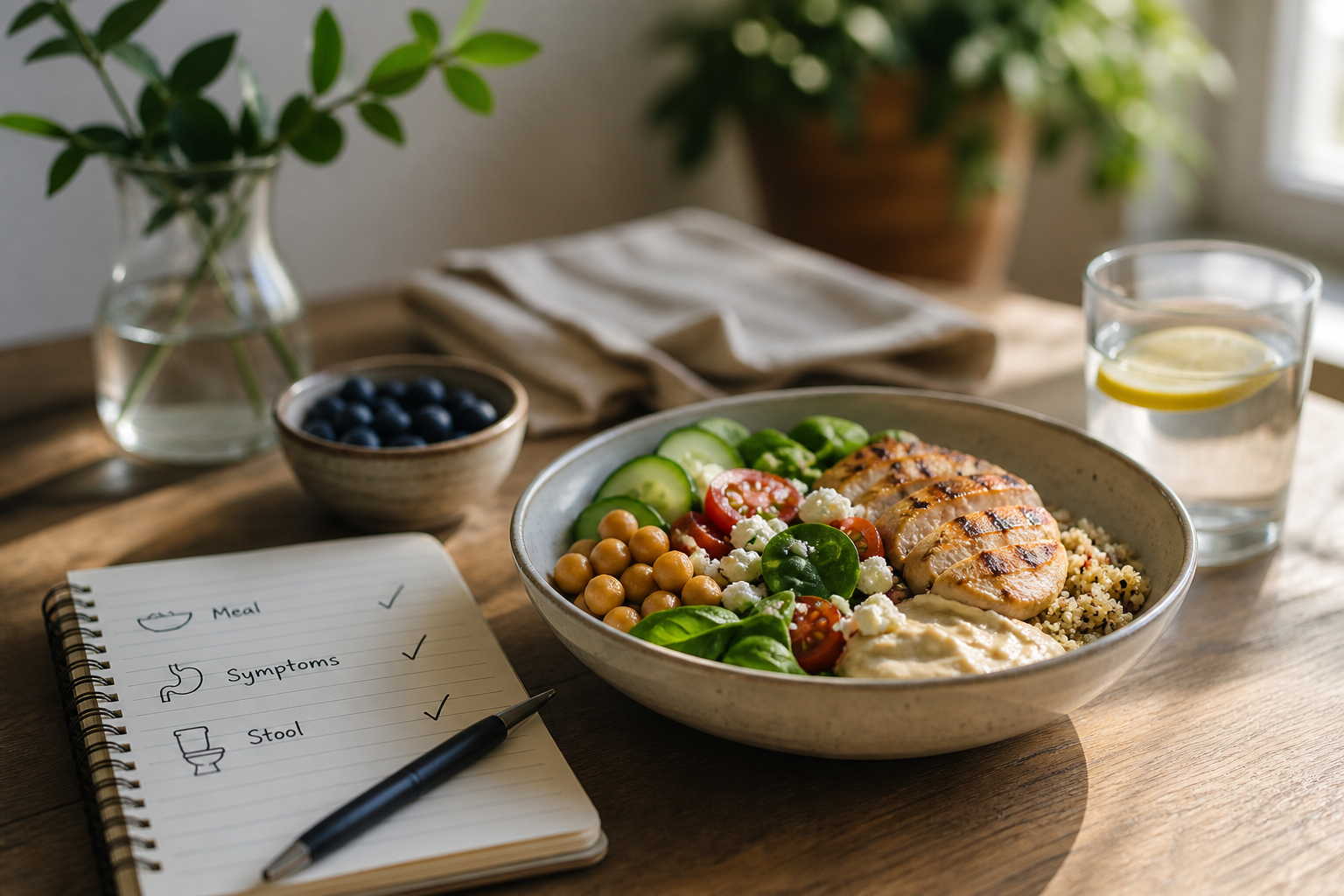 A grain bowl on a wooden table next to a notepad checklist reading meal, symptoms, and stool, all checked off