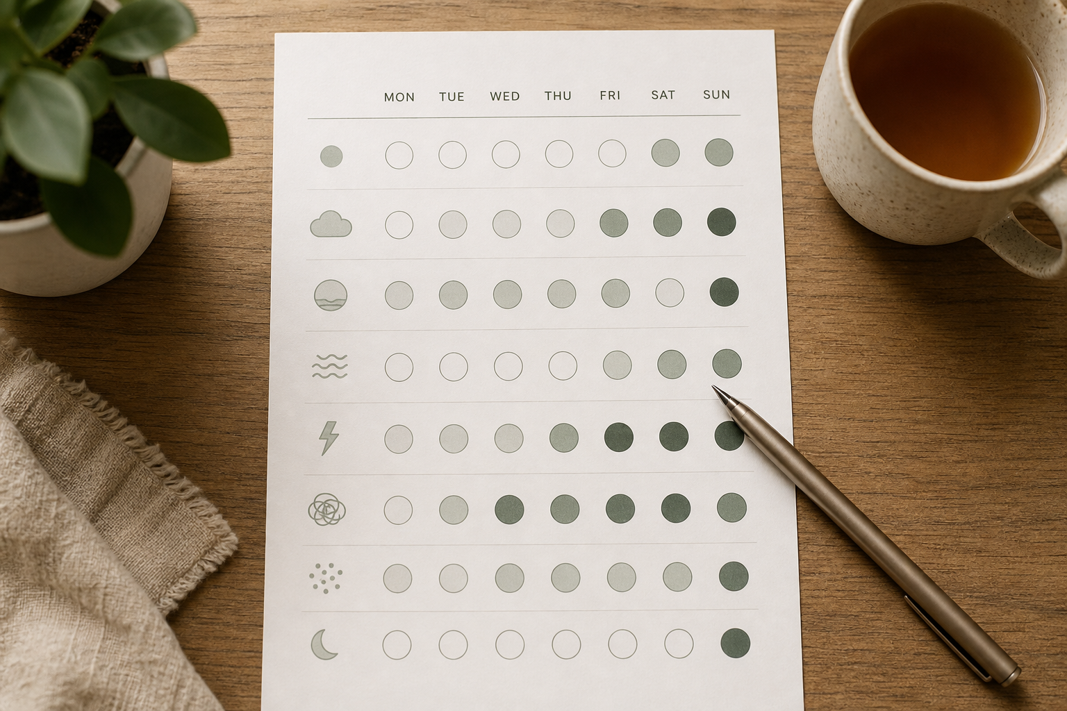 An overhead view of a printed weekly tracker with rows of small circles shaded from light to dark marking symptom severity across different days