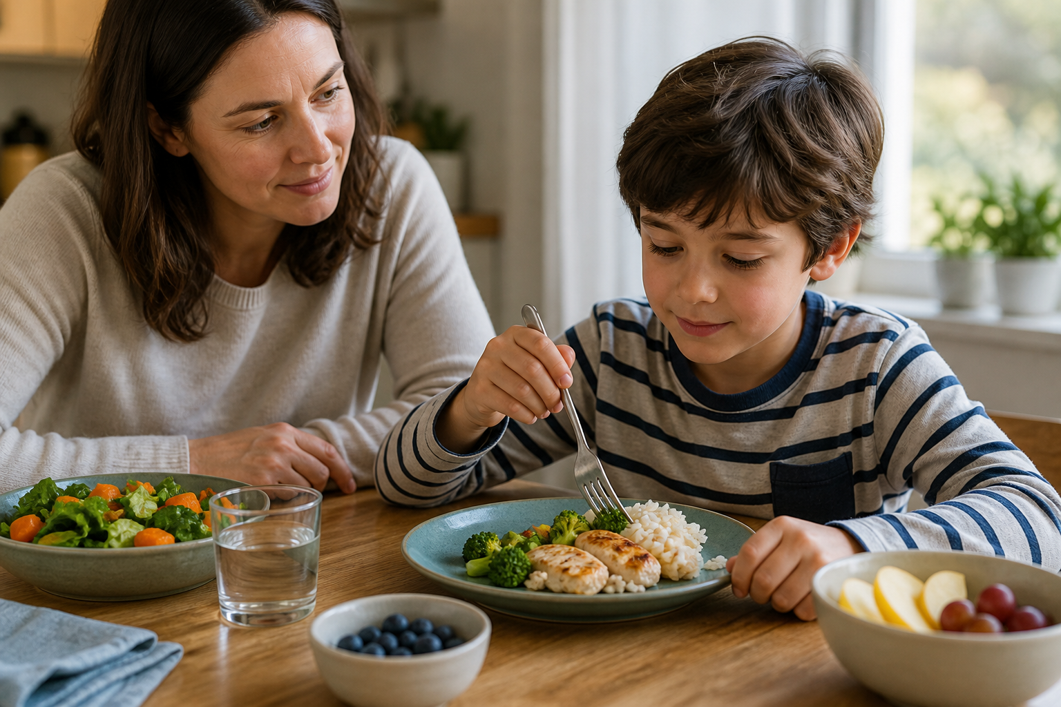 A mother watching her son eat a plate of chicken, rice, and broccoli at the kitchen table
