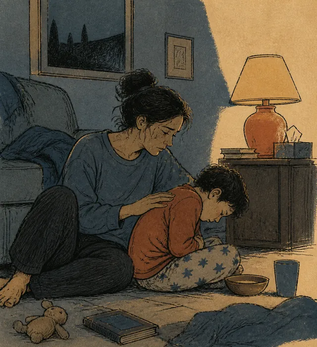 Illustration of a parent sitting on the floor late at night with a hand on their child's back, the child hunched over holding their stomach, a lamp lit beside them